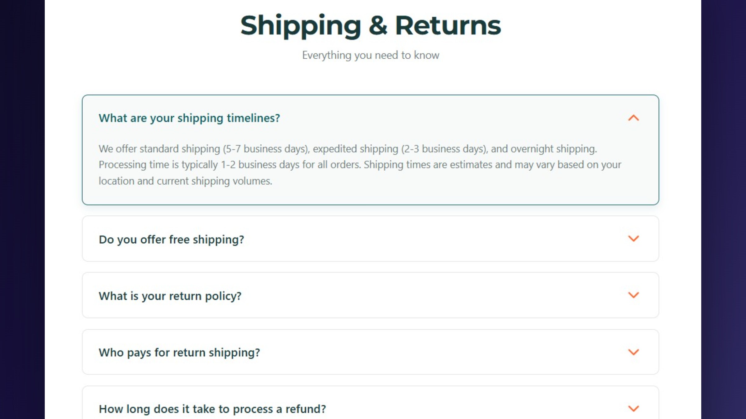 Beautifully rendered FAQ accordion output with Shipping & Returns section