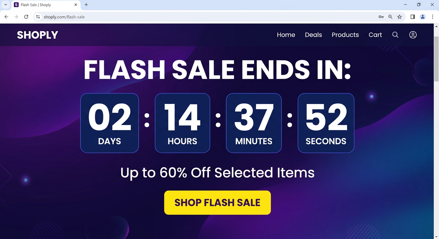 Flash sale countdown timer with purple gradient