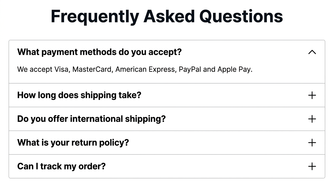 FAQ accordion — expandable questions with answers