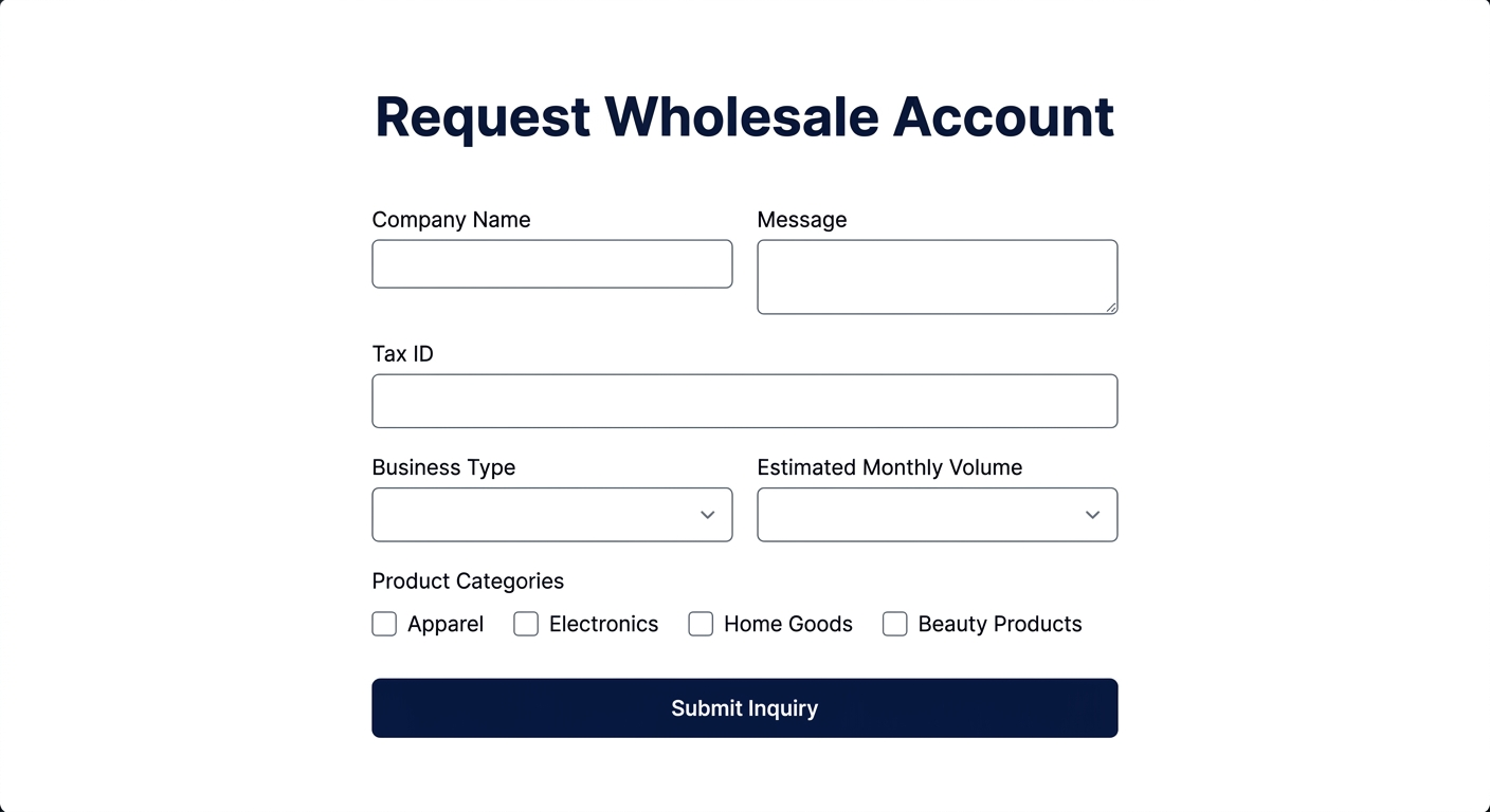 Wholesale inquiry form — professional layout with all fields