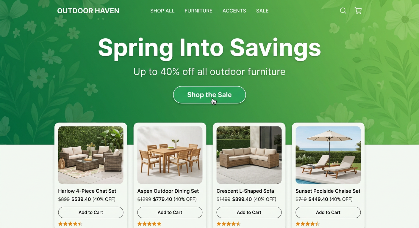 Hero banner example — Spring Into Savings with product grid