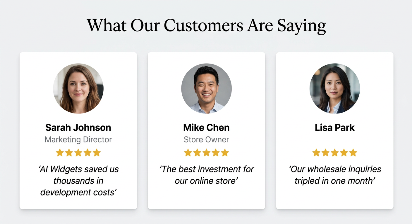 Three testimonial cards — Sarah Johnson, Mike Chen, Lisa Park