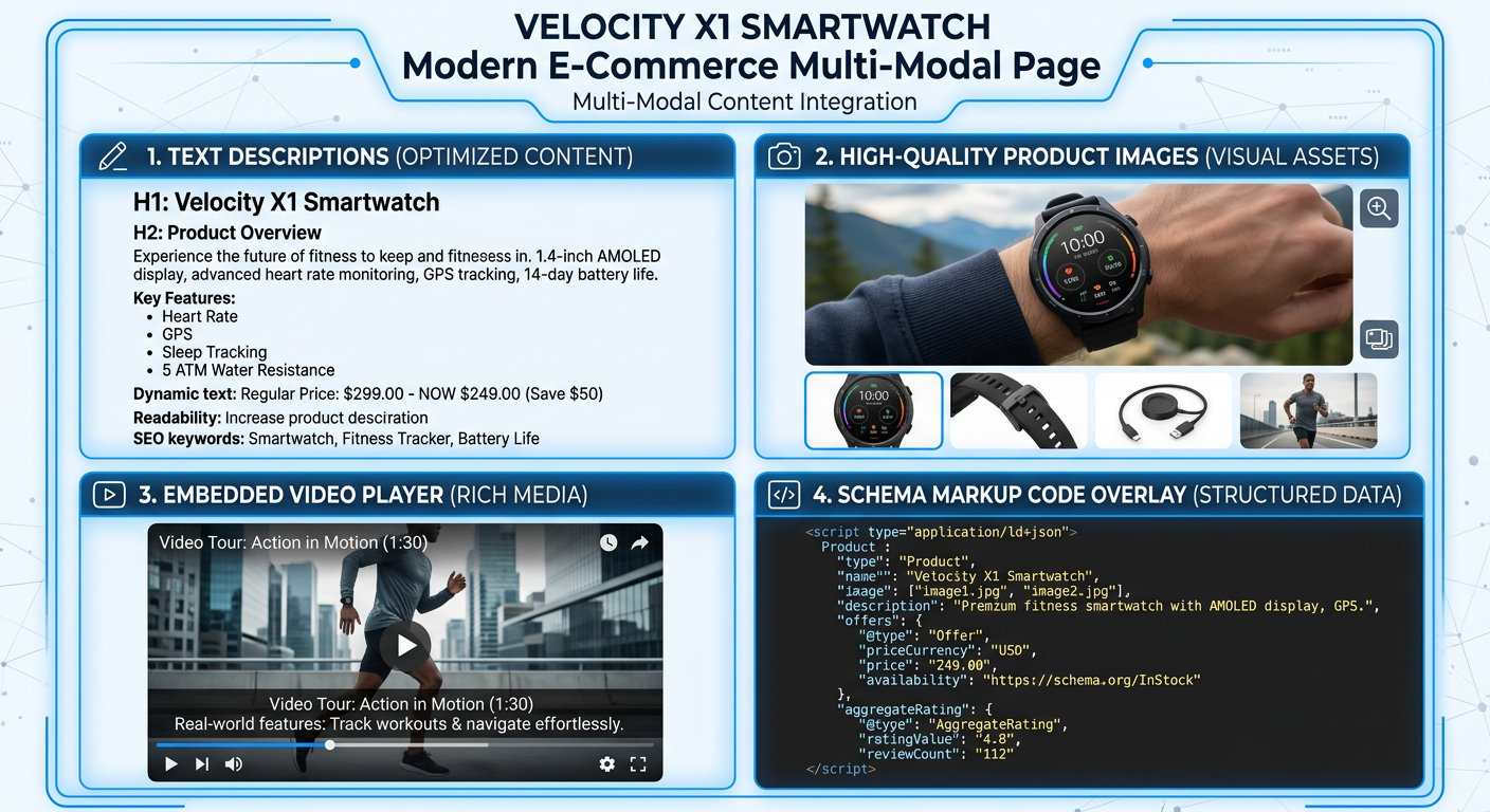 Example of multi-modal content: text, images, video, and schema markup working together on a product page
