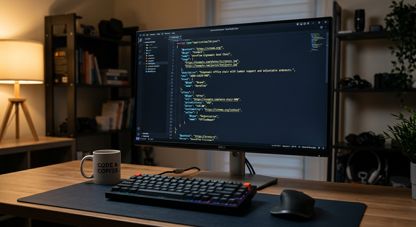 Schema markup implementation showing JSON-LD structured data for a BigCommerce product page