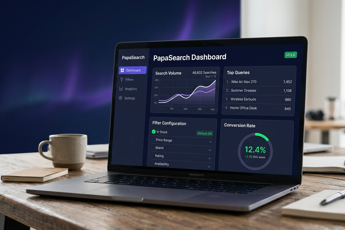 PapaSearch v1.2.0 admin dashboard with the new filter configuration panel