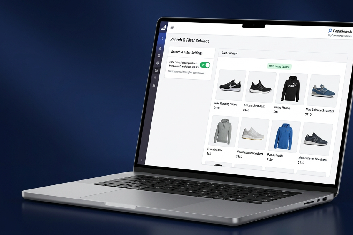 Admin settings showing the hide out-of-stock option with a storefront preview