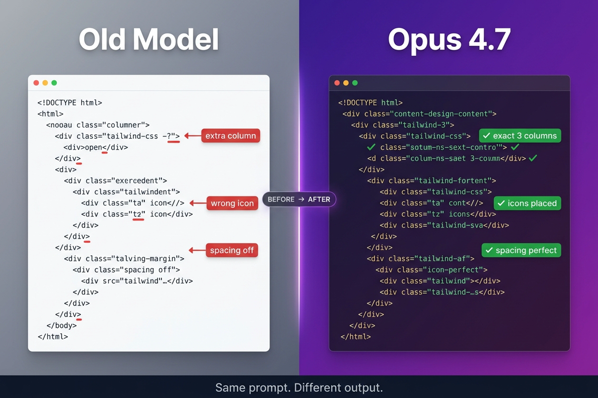 The same prompt — old model on the left, Opus 4.7 on the right with cleaner, more complete output