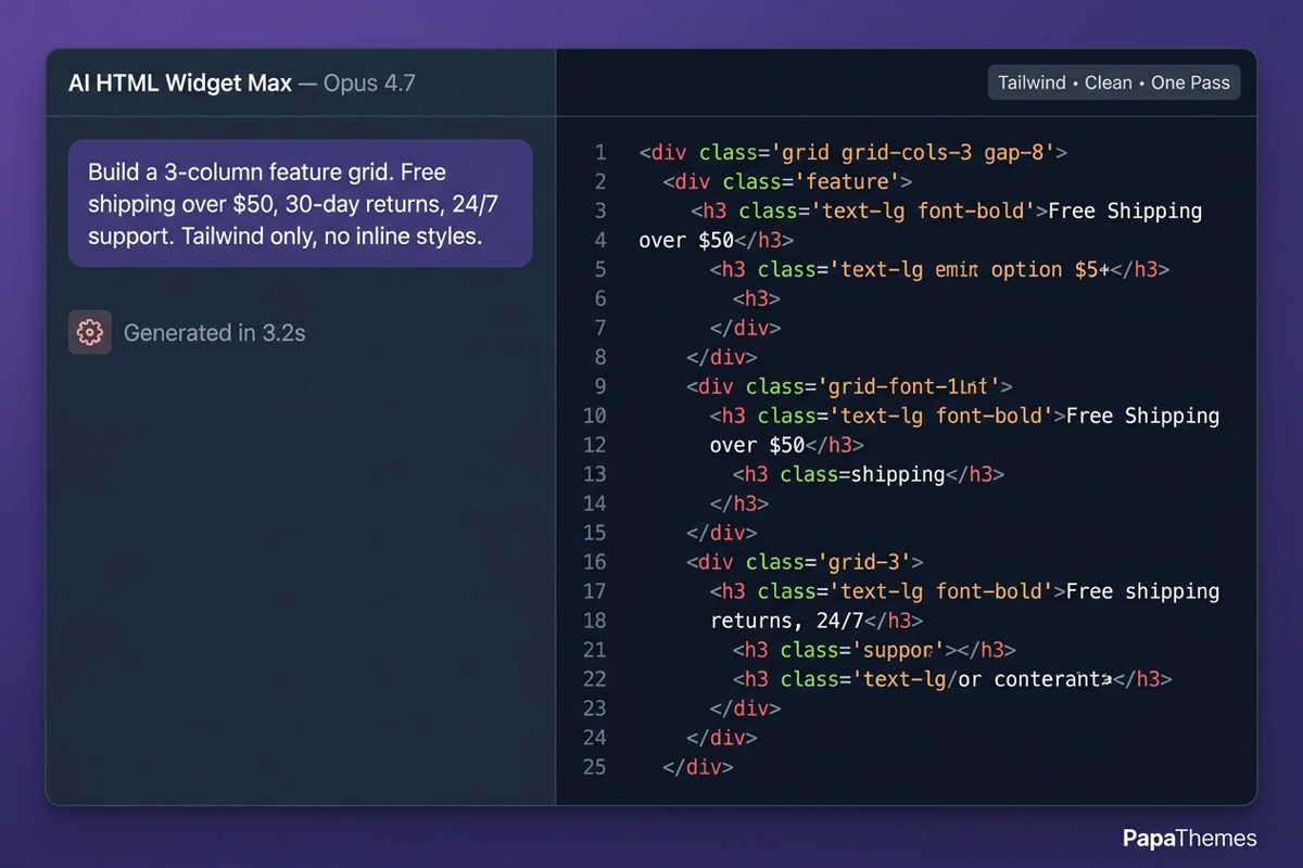 AI HTML Widget chat panel: a feature grid prompt on the left, generated React + Tailwind code on the right