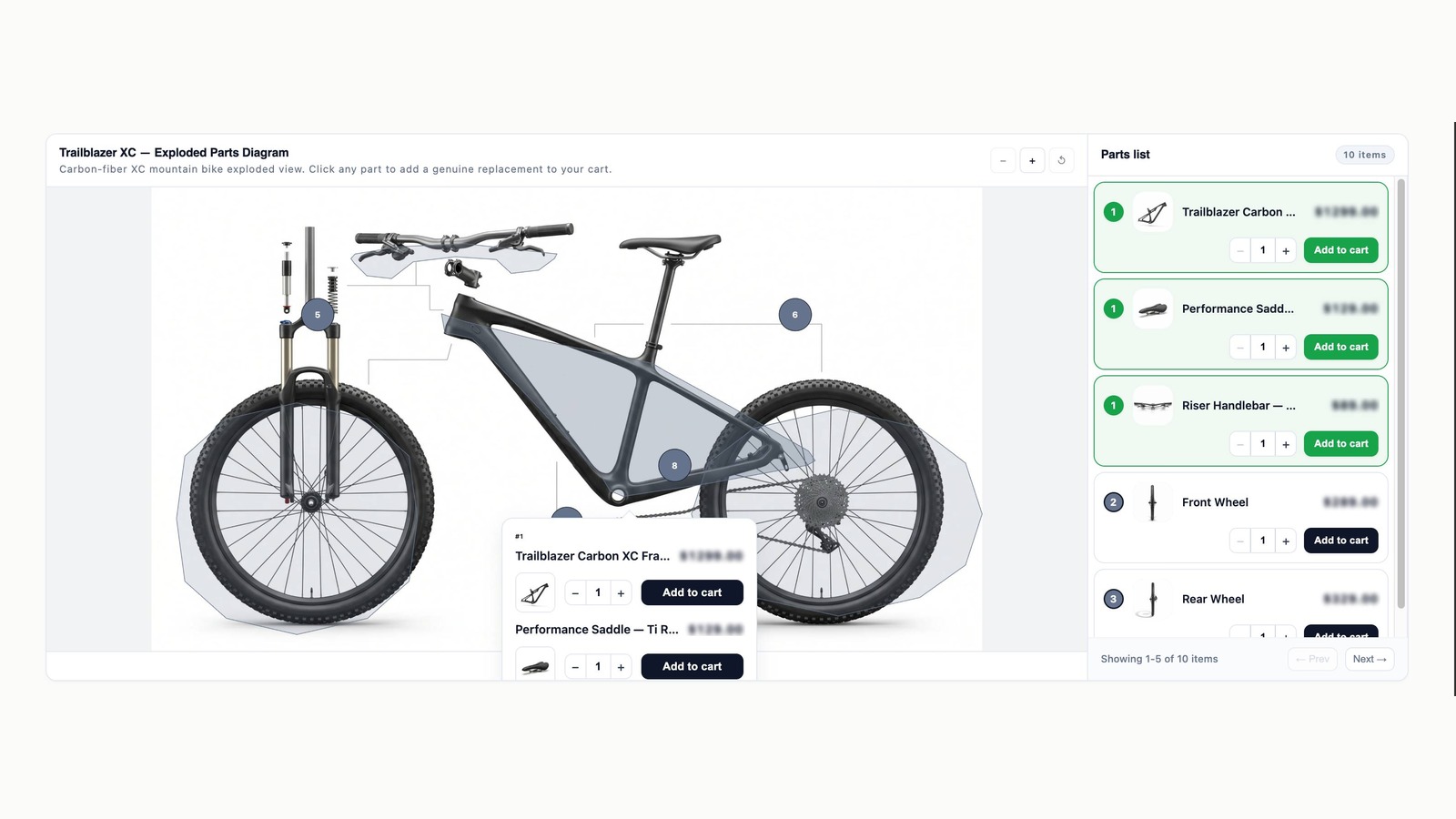 Parts Diagram on a product page — clickable hotspots overlaid on the diagram