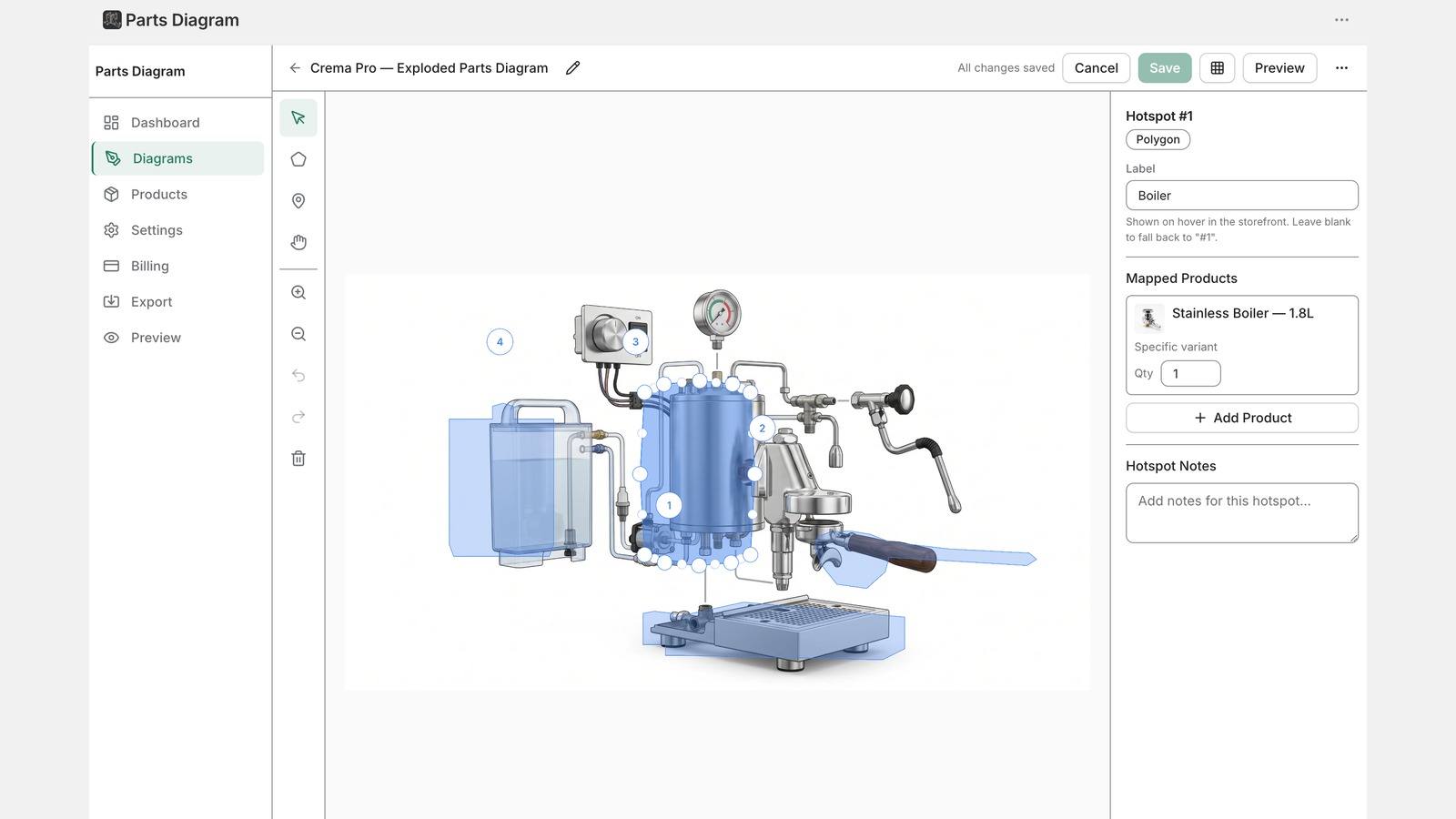 Editor — draw polygon hotspots, link directly to Shopify products
