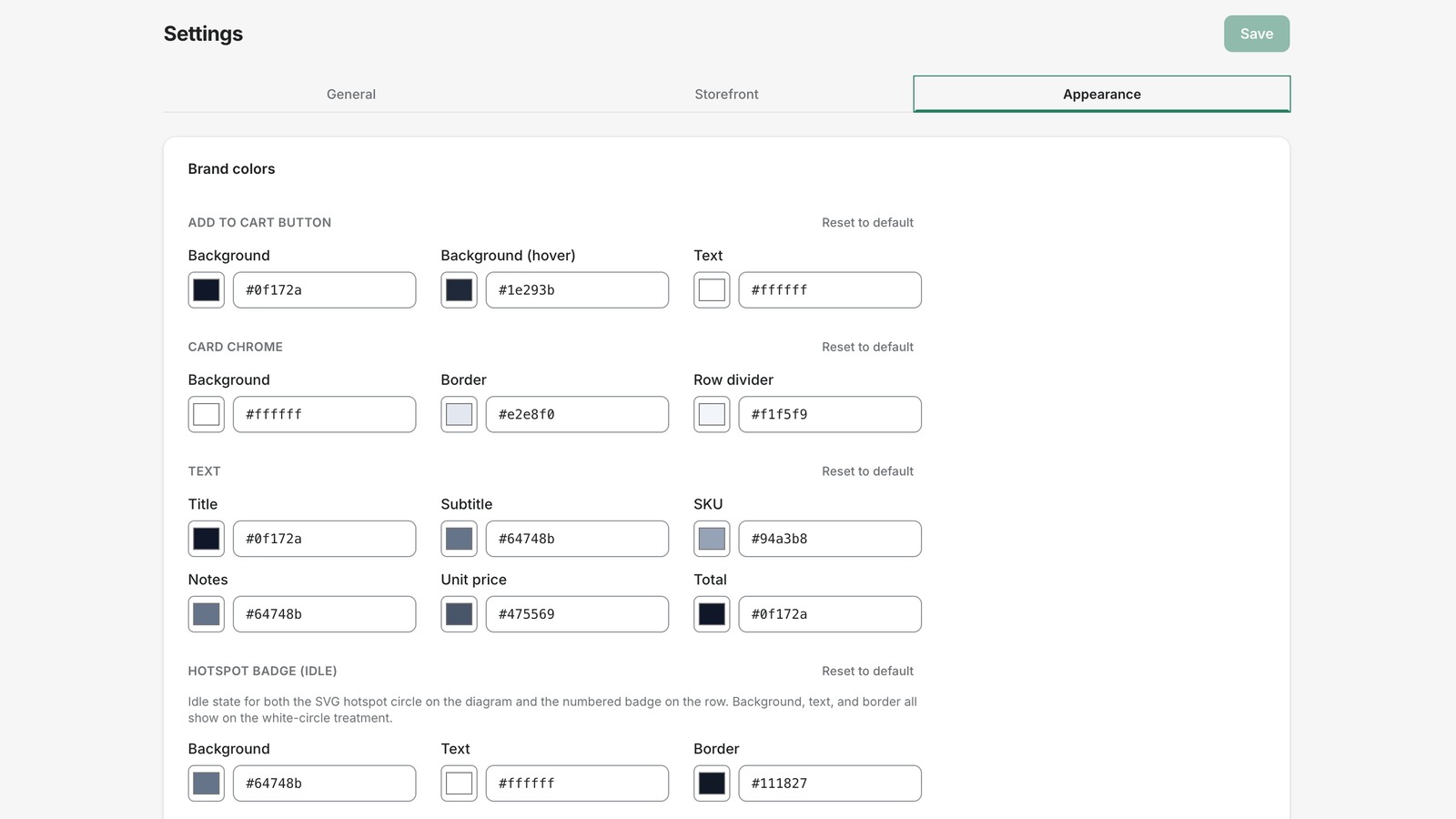 Settings — configure storefront display, layout, and pricing options