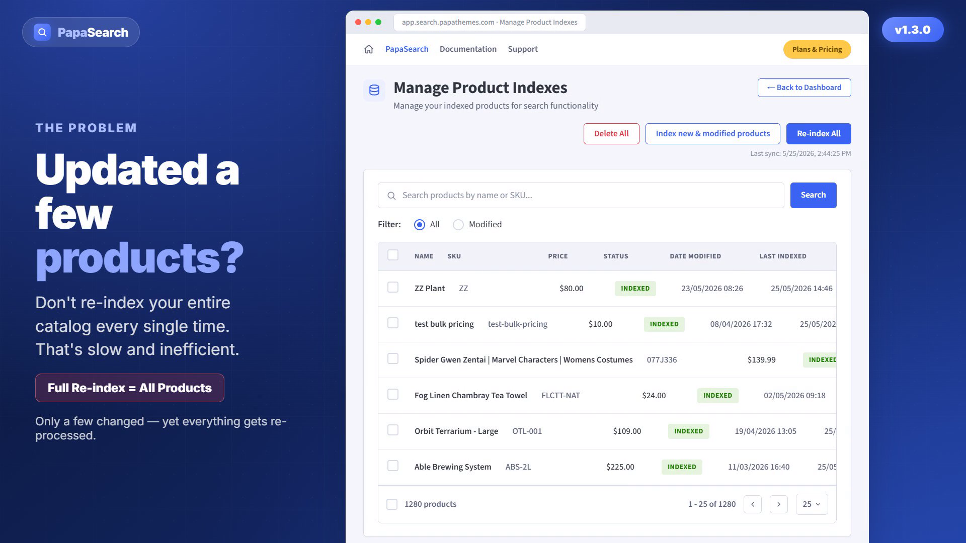 The Manage Product Indexes page showing the full catalog