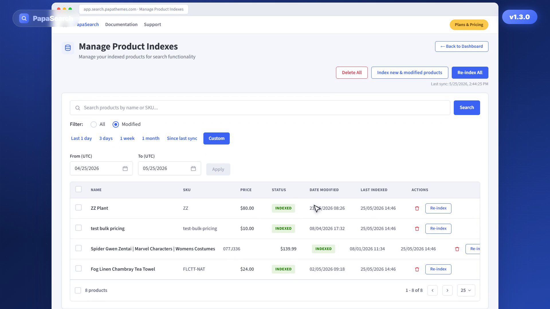 Filter indexed products by a custom modified date range on the Manage Indexes page