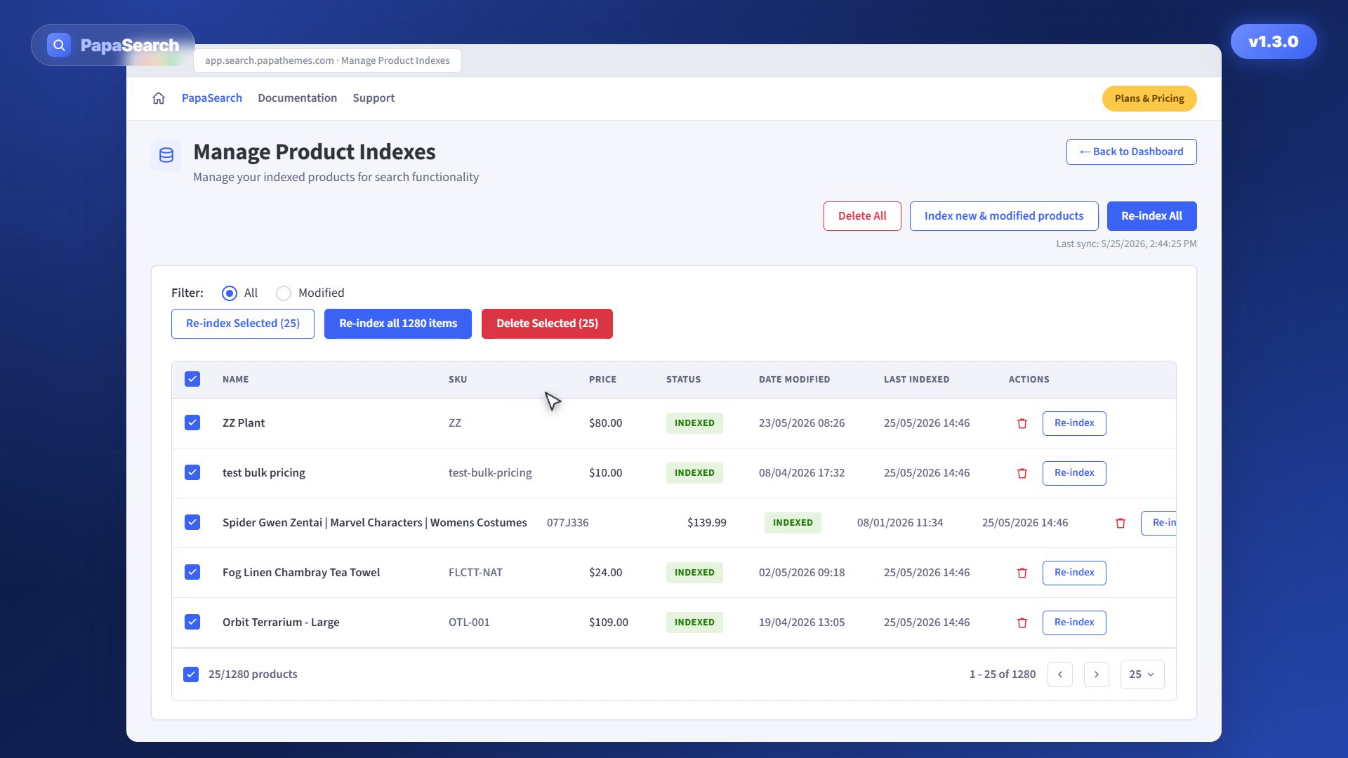 Re-index all products matching the current filter in one action