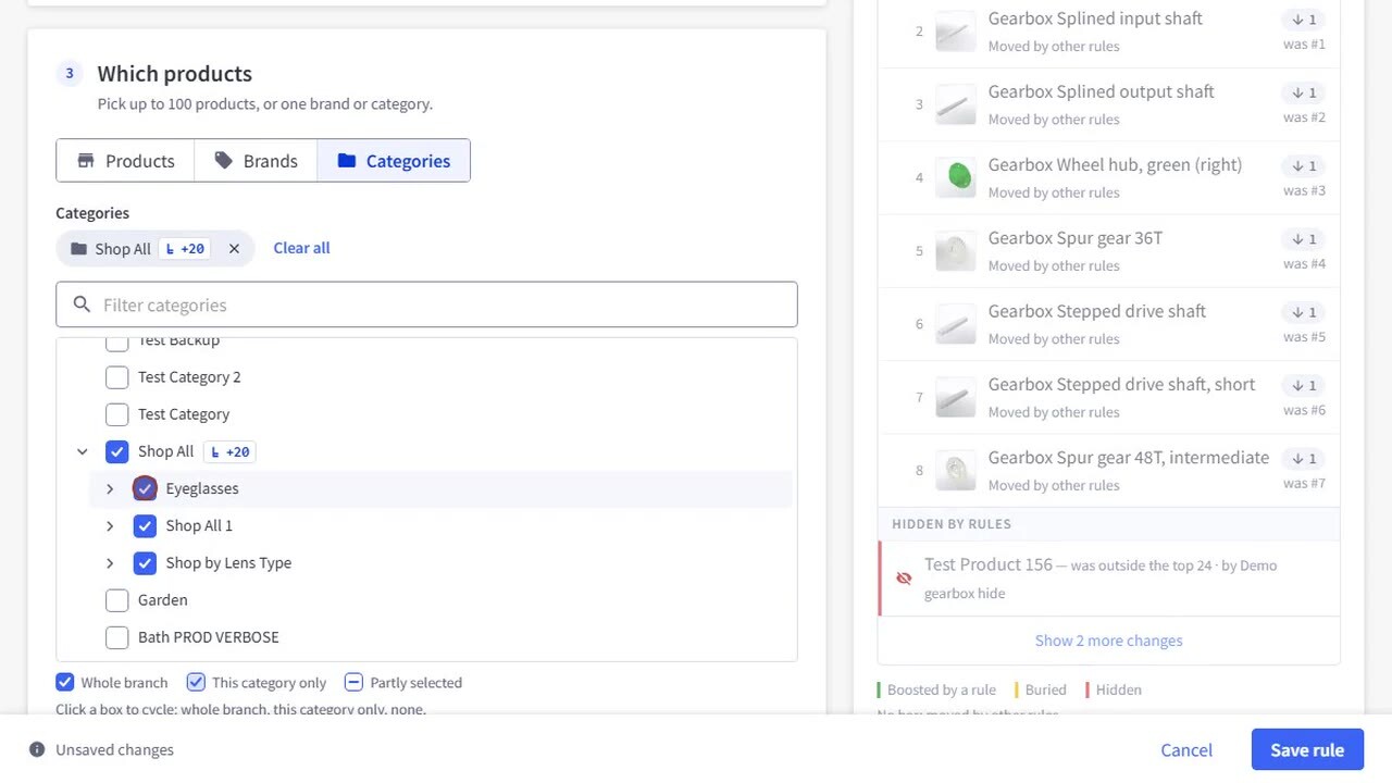 The category picker: Shop All selected as a whole branch with its subcategories ticked