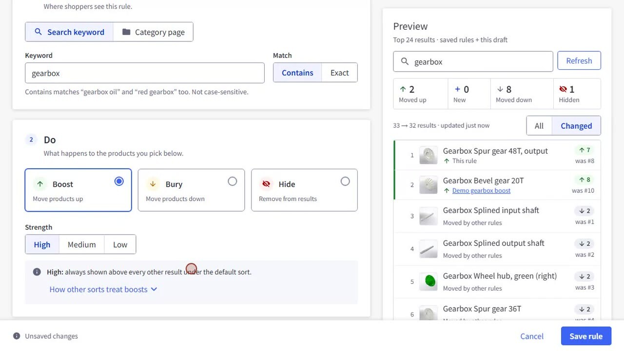 The PapaSearch rule editor with Boost and High selected, next to the live preview of the top 24 results
