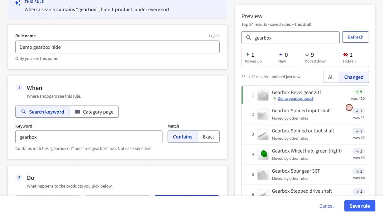 Preview of a Hide rule: the hidden product is listed under Hidden by rules