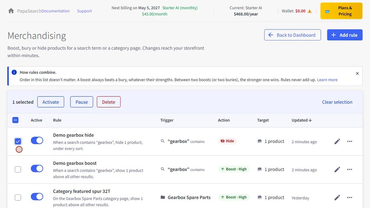 The Merchandising rules list with search, filters and bulk Activate, Pause and Delete