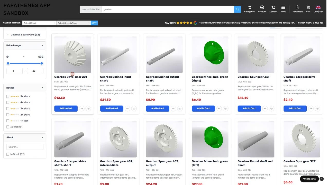 A search for gearbox on a BigCommerce store: the boosted bevel gear is first and a hidden product is gone