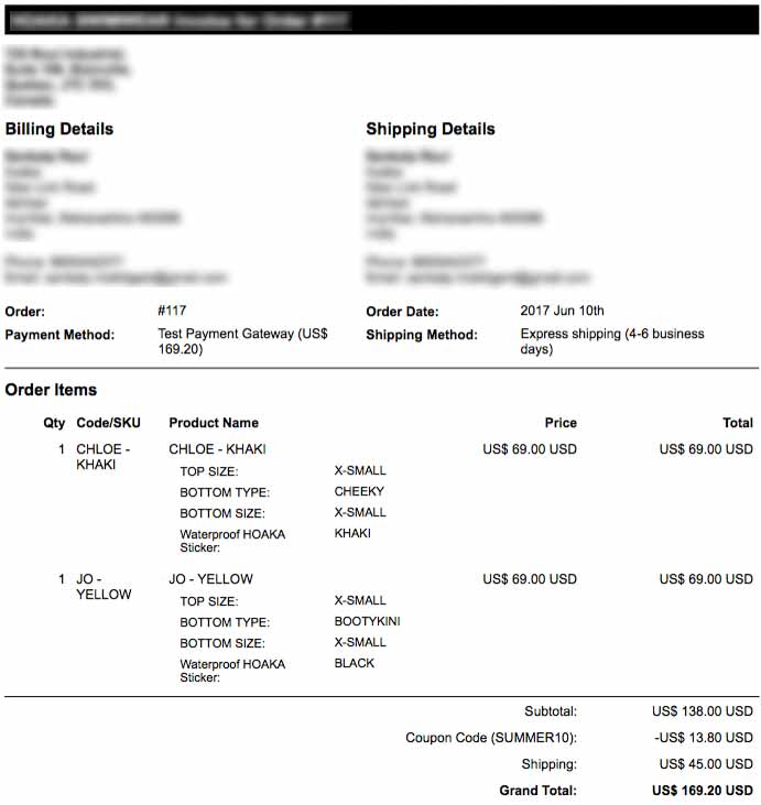 Invoice printed from dashboard